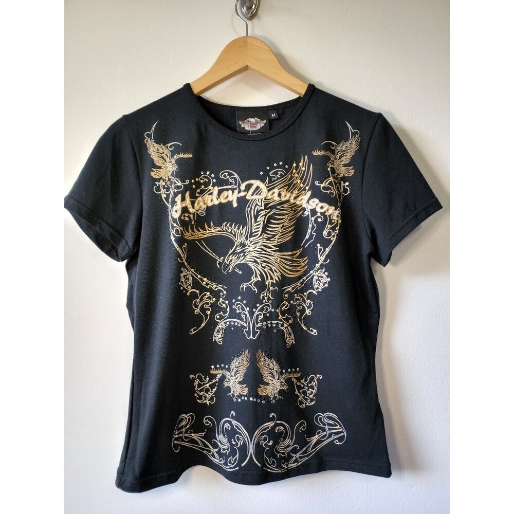 Harley-Davidson Womens Jeweled Black T-Shirt With Gold Eagle Graphic & HD Logo M